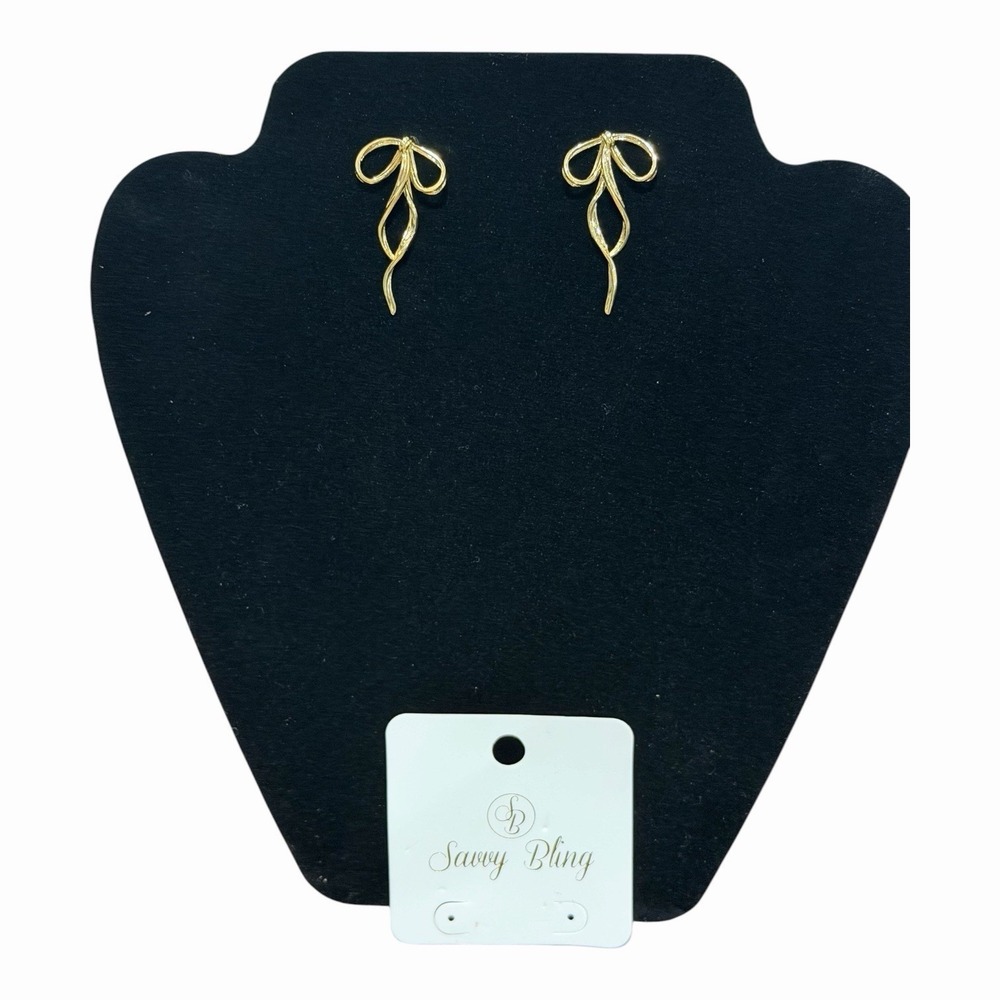 Savvy Bling Gold Tone Ribbon Bow Dangle Stud Earrings Elegant Minimalist - Picture 2 of 2